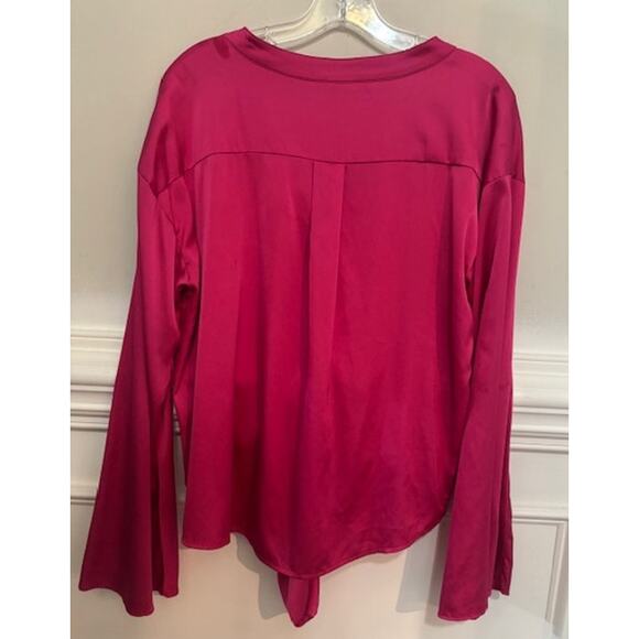 Hutch Blouse Medium Tie Waist Hot Pink Bell Sleeve Silky Button Front - Picture 3 of 9